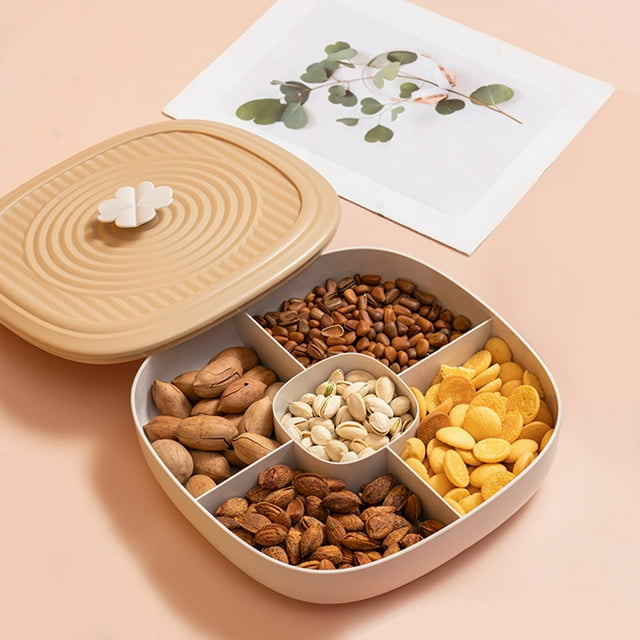 Dvkptbk Snack Storage Tray Fruit Platter High Value Fruit Platter Beautiful Snacks Divided Platter Candy Storage Box Divided Dried Fruit Box with Lid Includes 5-Compartment Storage Box