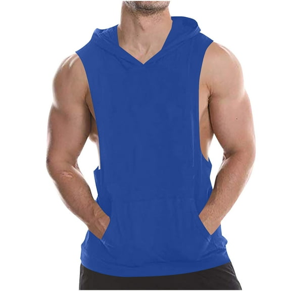 RYRJJ Men's Workout Hooded Tank Tops Sports Training Sleeveless Gym Hoodies Bodybuilding Cut Off Muscle T Shirts with Pocket(Blue,L)