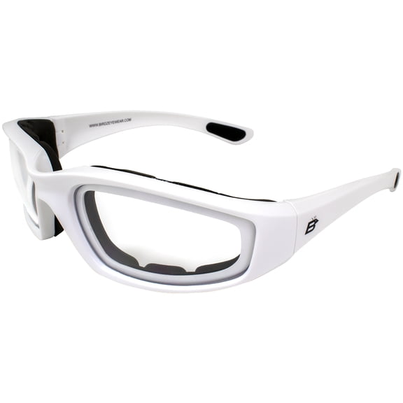 Motorcycle Riding Glasses Clear Lenses with Foam Padding, White Frame and Carry Bag