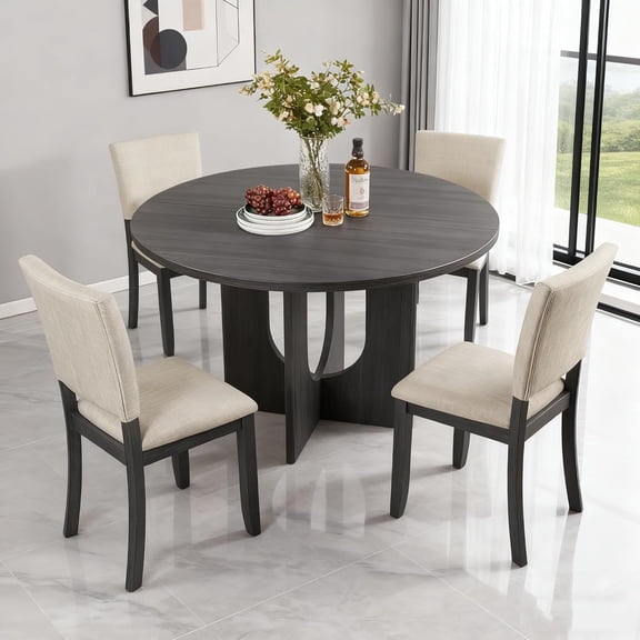 5-Piece Round Wood Dining Set for 4 with Upholstered Chairs, Modern Dining Table Set, 47.3" Round Dining Table Set for Living Room, Kitchen, Black & Beige