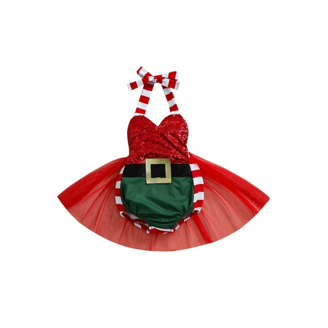Kmbangi Christmas Girls Romper, Stripe Printed Pattern Halter Neck One-piece