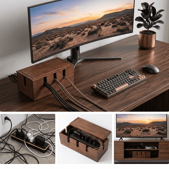 Large Cable Management Box,Wooden Cord Organizer Box for Power Strip TV Wires Desk Floor Cable Storage,11.9 x 5.7 x 4.9 inches