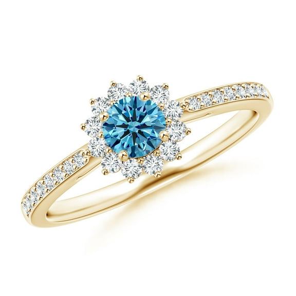 ANGARA Classic Floral Halo Lab Grown Blue Diamond Ring for Women in 14K Yellow Gold (Size-4.2mm| Color-Fancy Intense| Clarity-VS) | Anniversary, Jewelry Gift for Women | Lab-Grown Blue Diamond Ring