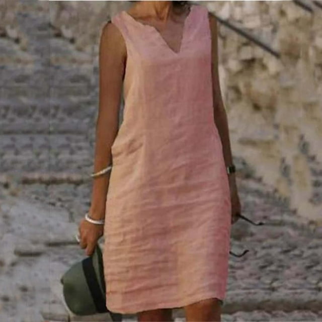 HKEJIAOI Cadeau de la Saint-Valentin Liquidation Robes Décontractées pour Femmes Mode Femmes Grande Taille Décontractée Col en V Couleur Unie Sans Manches Robe en Lin Rose