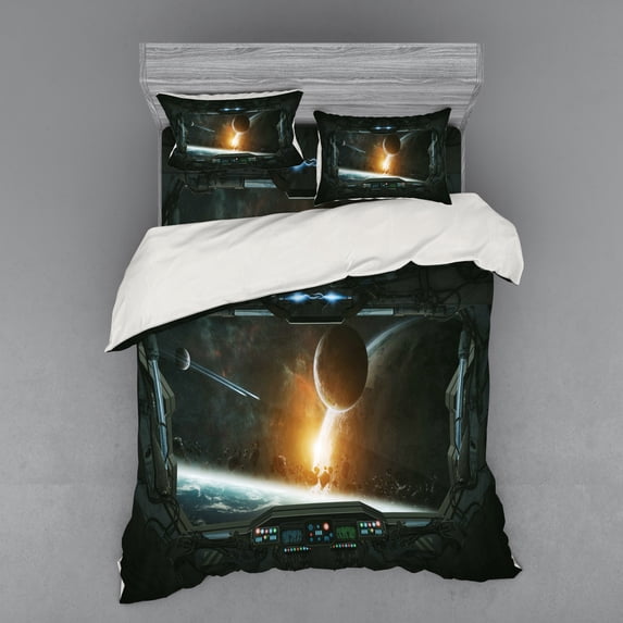Ambesonne Scenery Bedding Set 4 Pcs, Astronaut from Earth, Queen, Grey Orange