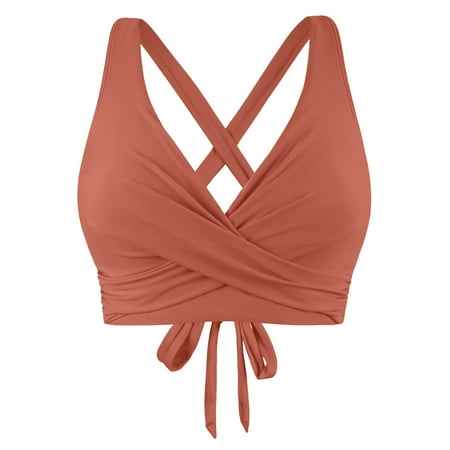 eczipvz Women s Bikini Top Lace Up Crisscross Swim Crop Tops High Neck Swimsuit Bra Padded Coffee S