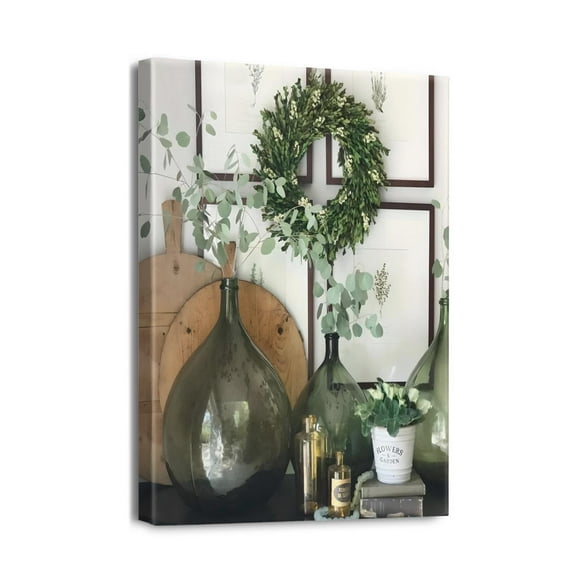 Art Mural au Charme Rustique en Plusieurs Couleurs, Texture Bois 12x16 avec Motif de Bouteilles et de Plantes, Ajout Champêtre Idéal pour Votre Salon