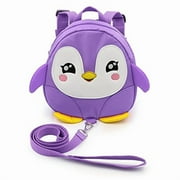 Hipiwe Biy Toddler Walking Safety Backpack Little Kid Boys Girls Anti-lost Travel Bag Harness Reins Cute Cartoon Penguin Mini Backpacks with Safety Leash for Biy 1-3 Years Old (Purple)
