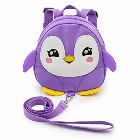 Hipiwe Biy Toddler Walking Safety Backpack Little Kid Boys Girls Anti-lost Travel Bag Harness Reins Cute Cartoon Penguin Mini Backpacks with Safety Leash for Biy 1-3 Years Old (Purple)