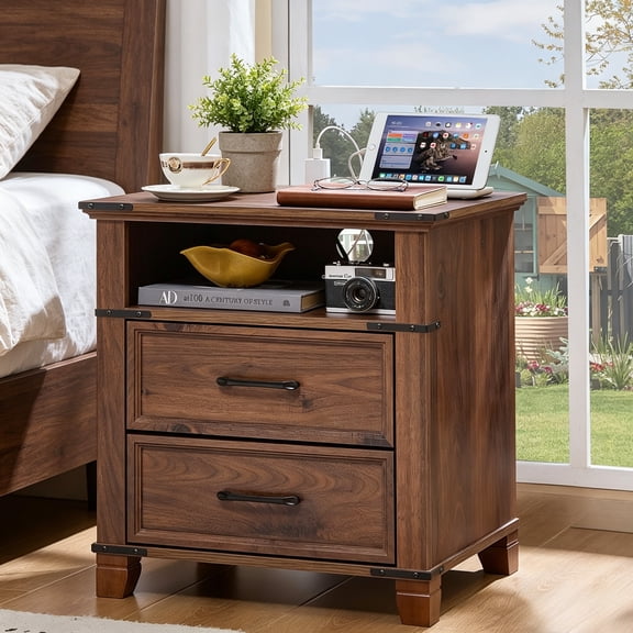 Buildhom 22" Farmhouse Nightstand with Charging Station, 2-Drawer Wood Bedside Table for Bedroom, Living Room, Brown