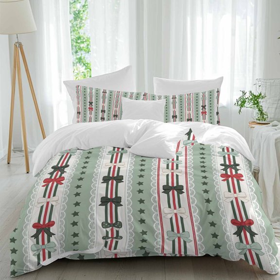 Bow Stripes Bedding Duvet Cover Set Queen Size 4 Pieces, Girly Red Beige Sweet Ribbon Green Star Stripes Bedding Set with Zipper Closure, 1 Comforter Cover 90x90 Inches 1 Flat Sheet & 2 Pillow Cases