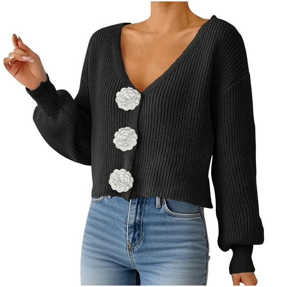 Womens Button Down Cardigan Long Sleeve Floral Chunky Knit Sweater V Neck Casual Drop Shoulder Cardigans Black, M