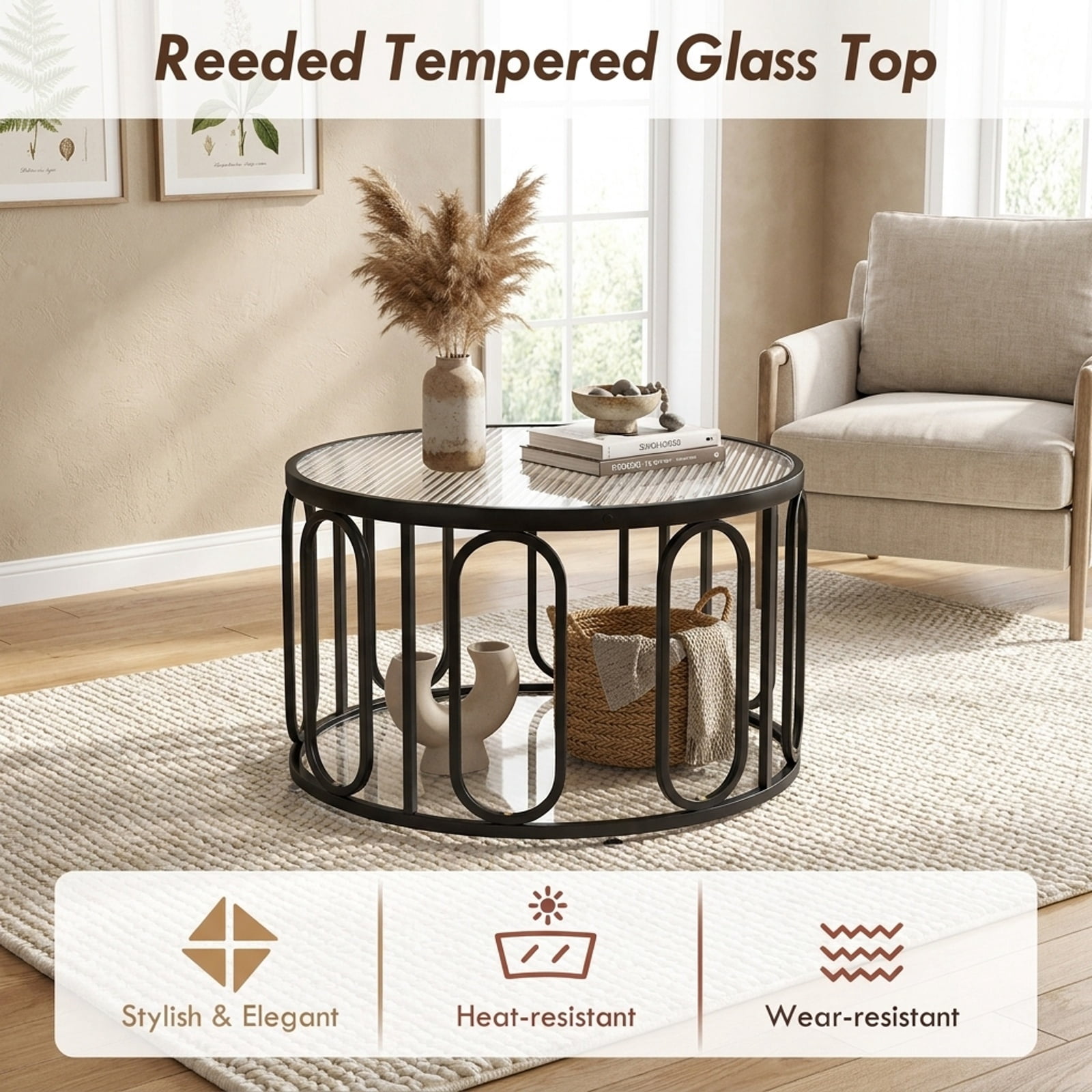 Furnibear 24 Inch Round Coffee Table with Reeded Tempered Glass Top and Oval Swivel Brackets a Modern Small Living Room Glass Center Table, Black