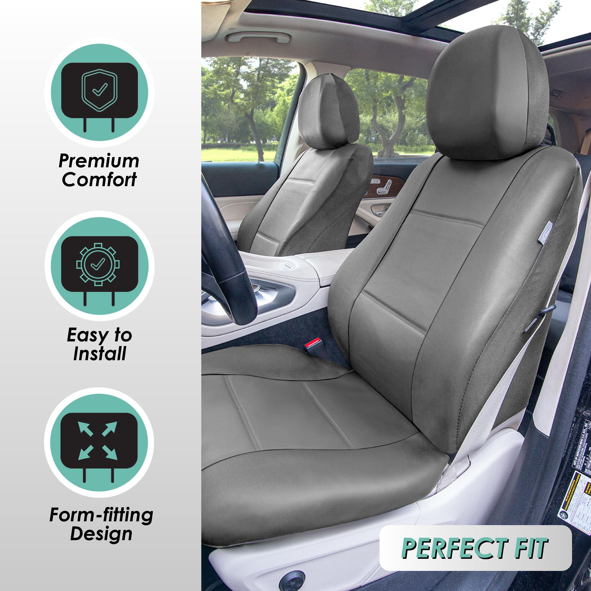 FH Group 3 Rows Universal Fit Faux Leather Car Seat Covers for SUV Sedan, Airbag Compatible, Split Bench w/ Free Air Freshener - 7 Seaters Solid Gray