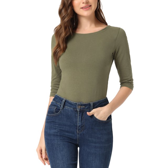 INSPIRE CHIC Hauts pour Femmes Manches au Coude Encolure Bateau Coupe Ajustée T-Shirt Classique Décontracté L Vert Olive