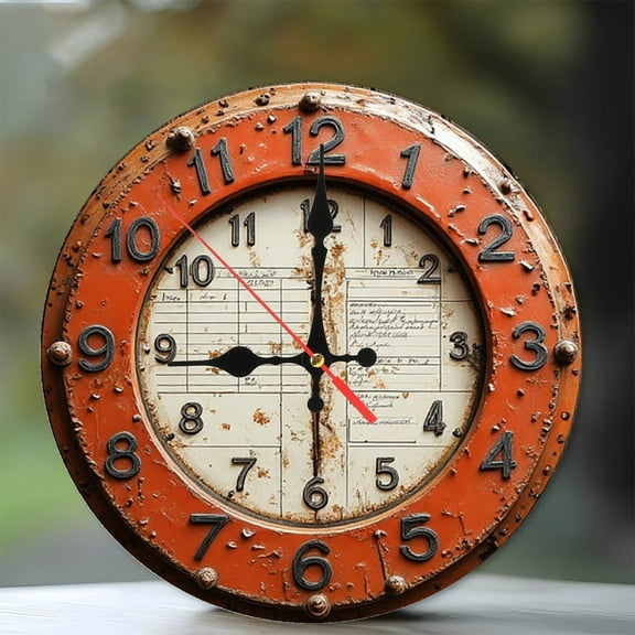 Vintage Industrial Wall Clock Rustic Orange Metal 10-Inch Silent Wooden Wall Clock, Battery Operated (AA Batteries Not Included), Artistic Home Decor