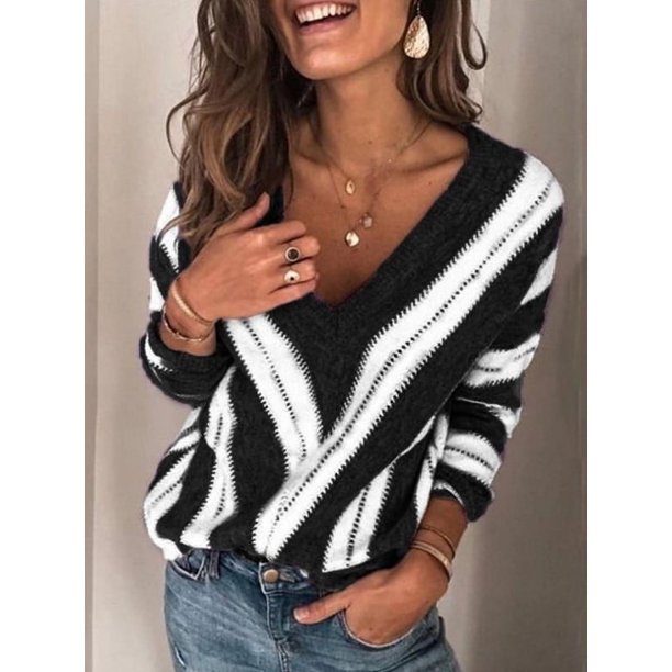 Suéteres de punto a rayas con cuello en V para mujer, suéter de punto a rayas informal con cuello en V profundo y manga sexy