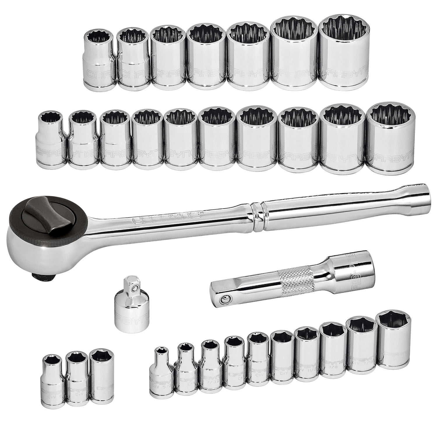 Carbyne 34-Piece 1/4 and 3/8 in. Drive Socket and Ratchet Set, SAE and Metric, CrV Steel, 72-Tooth Ratchets, 6 and 12 Point, Compact Storage Case