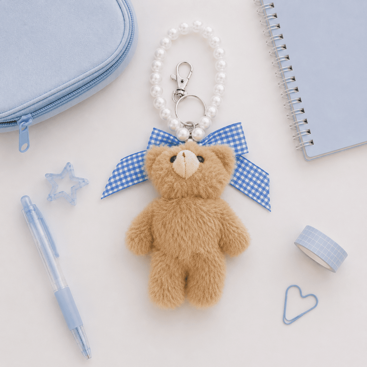 U Style Teddy Bear Keychain with Blue Gingham Bow