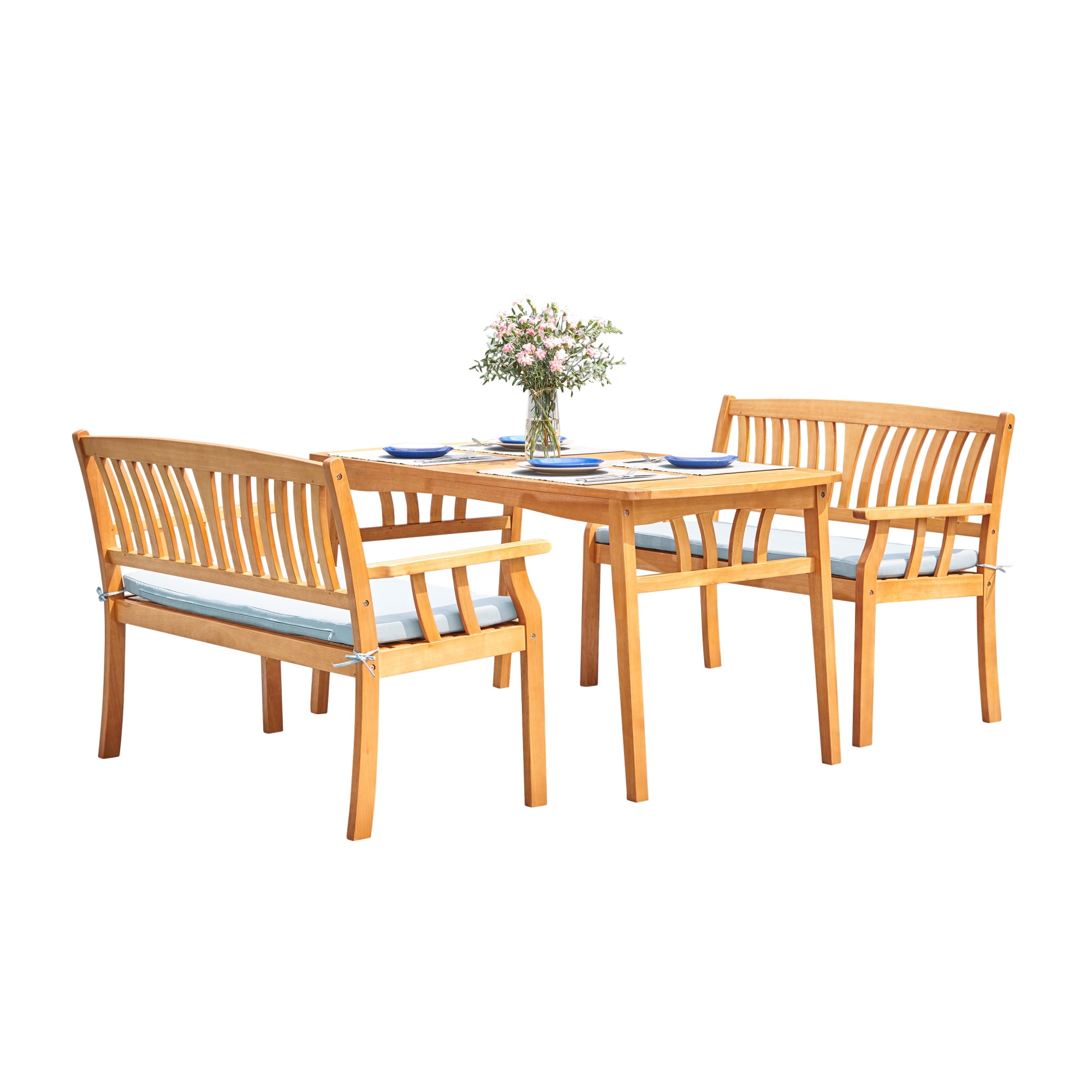 Kapalua Honey Nautical 3-Piece Wooden Outdoor Dining Set with 2 Benches