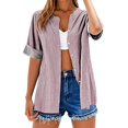 thumbnail image 2 of Pink Womens Blouses Cotton Linen Shirts for Women 2025 Trendy Roll Up Short Sleeve Tshirts Workout Button Size Shirt Summer Tops for Women, 2 of 6
