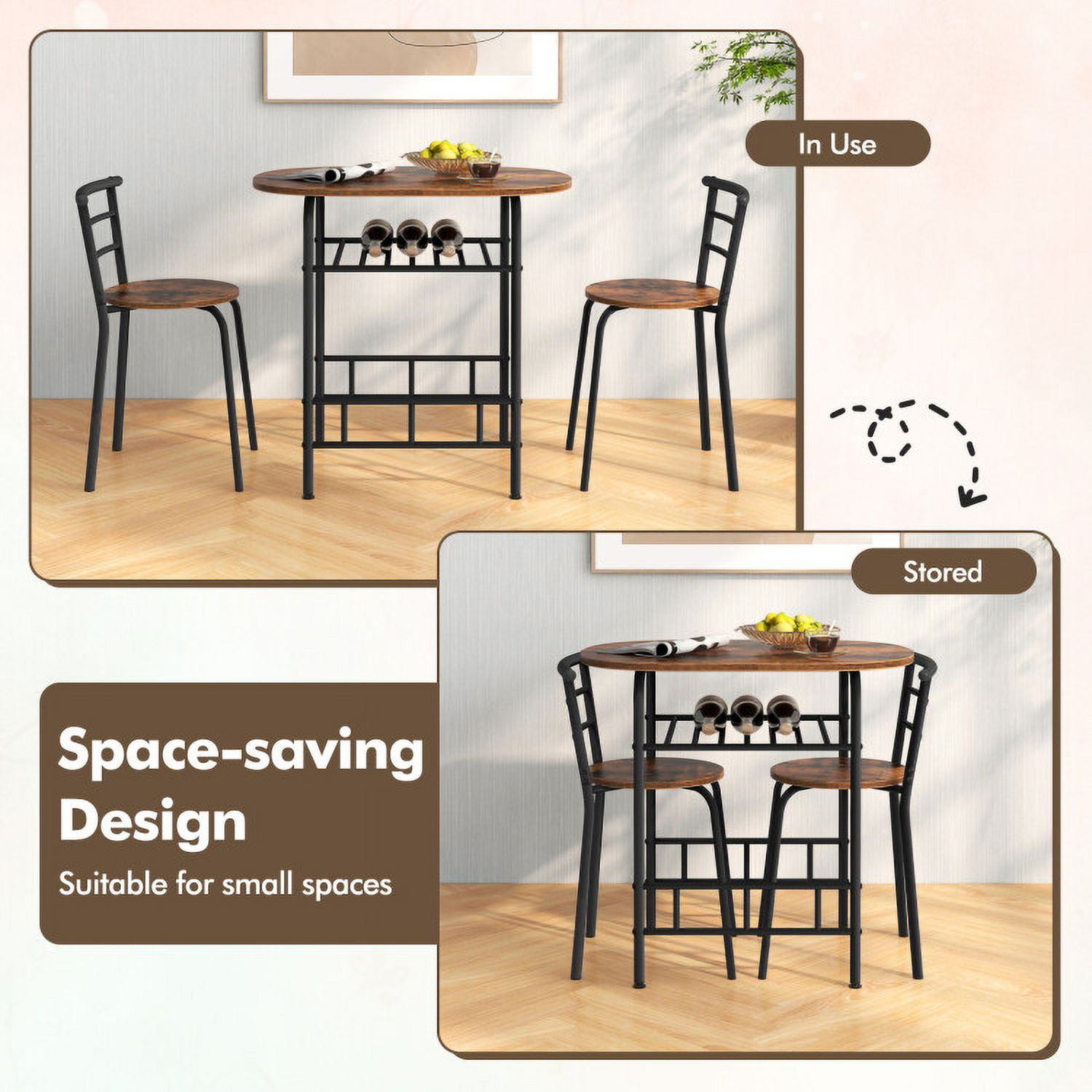 Finihen Dining Set, Dining Table Set, 3-Piece Space-Saving Bistro Set for Kitchen and Apartment, Brown Finihen Dining Set, Dining Table Set, 3-Piece Space-Saving Bistro Set for Kitchen and Apartment, Brown