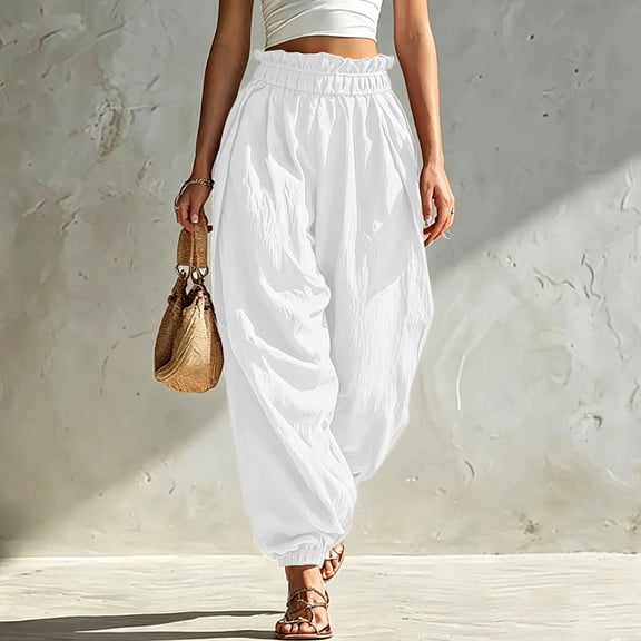 Bzdzmqm Women Plus Size Harem Elastic Waist Flowy Pants Summer Casual Solid Boho Vacation Lounge Palazzo Trouser Beach Fashion, White M