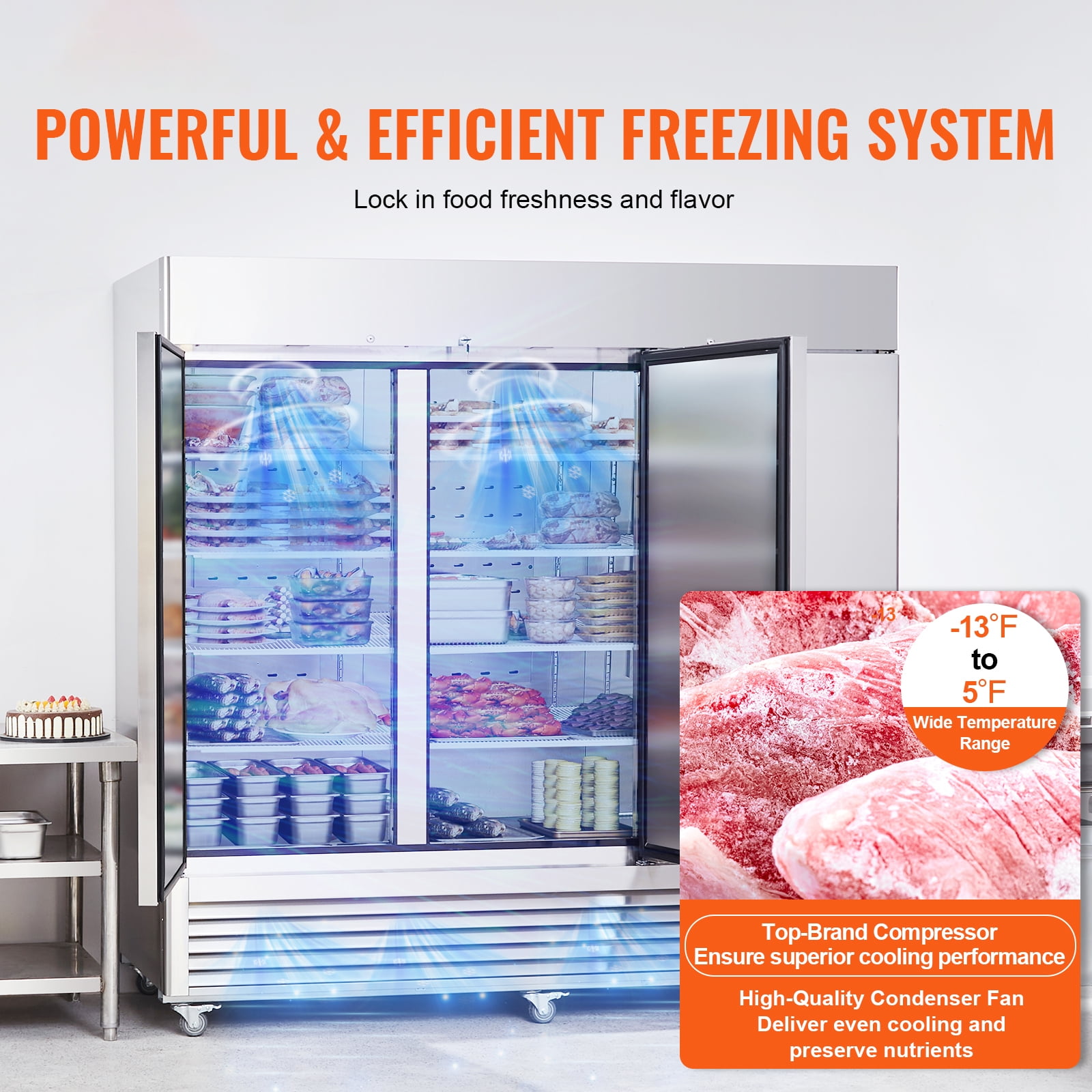 KFFKFF  60.42 Cu.ft Reach-In Refrigerator Commercial Upright Refrigerator 82.5" Wide with Triple Doors, Stainless Steel Auto-Defrost 12 Adjustable Shelves, Temperature Range -13 to 5℉