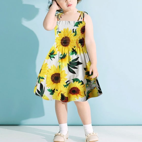 FAOWME Baby Kids Girls Summer Dress Sleeveless Suspenders Sunflower Printed A Line Comfortable Fashion Dresses For Casual Daily Wear,Navy,3-4 Years