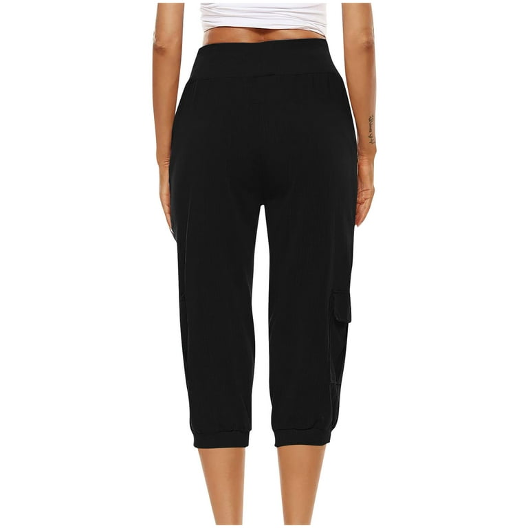QUYUON Women Running Capris with Pockets Yoga Drawcord Fashion Capris  Casual Cropped Leg Pants Athletic Works Capris Female Capris Jeans Style  Q495 , Black X-Large 