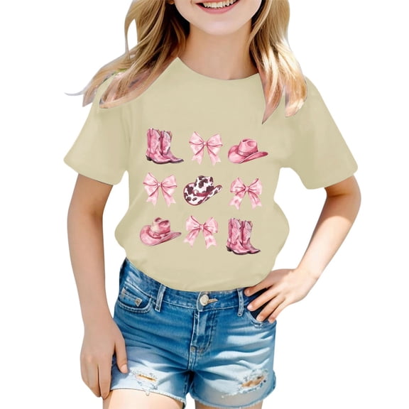 Lullu Girls Graphic Tee Cowgirl Round Neck Short Sleeved T Shirt Summer Tee, Sizes 1-13