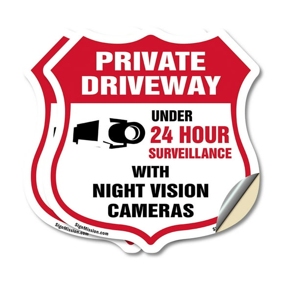 Private Driveway Shield Sign Under 24 Hour Video Surveillance By Night Vision Cameras (2 Pack) 4 inch X 4 inch Shield Shaped Heavy Duty 3.2 mil Vinyl Decals Weather Resistant Made in