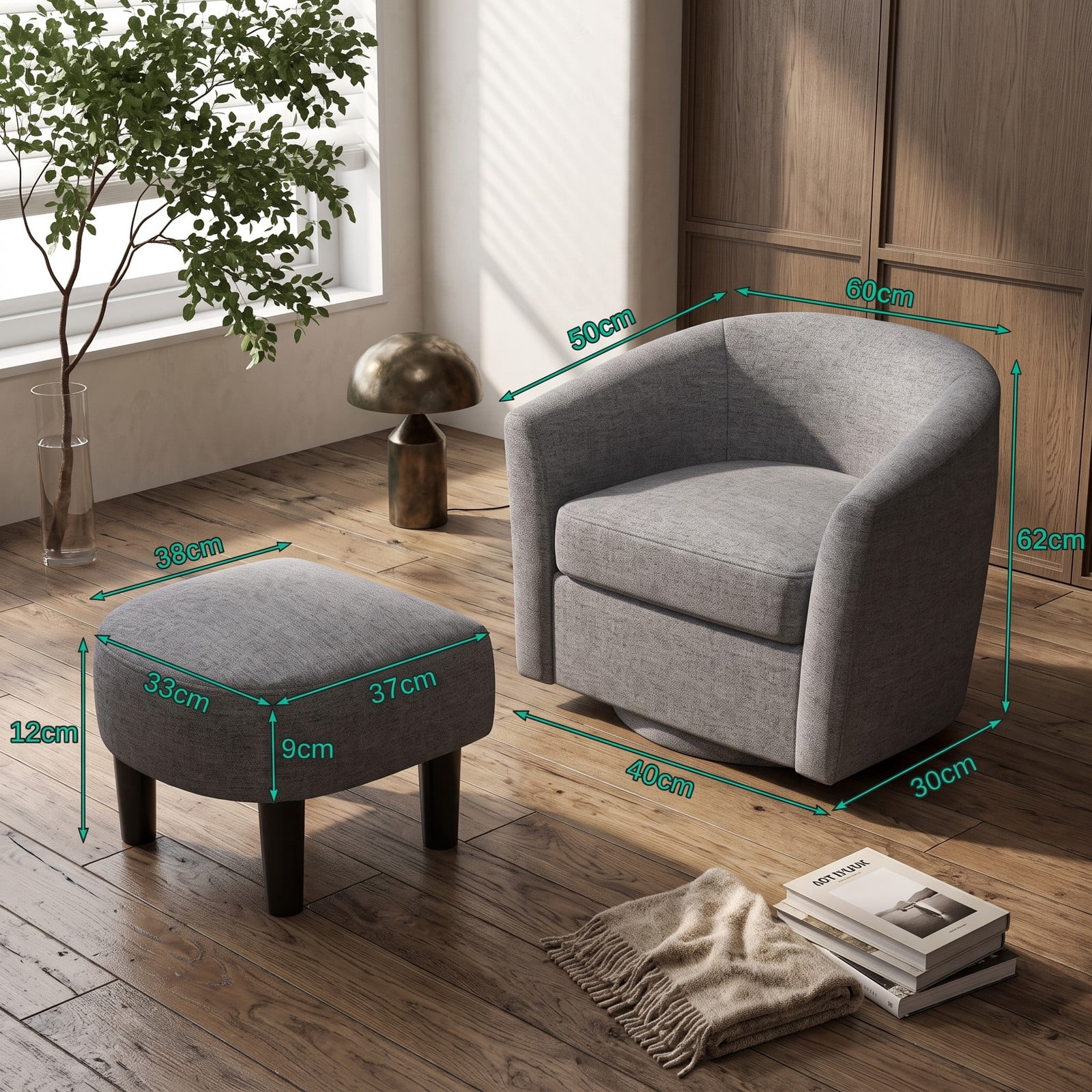 Furnibear Modern Club Swivel Accent Chair with Ottoman Footrest, 360-Degree Swivel Upholstered Linen Reading Armchair with Curved Backrest and Removable Cushion, Gray
