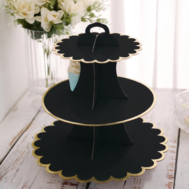 Efavormart 3 Tier 13" Black Cardboard Cupcake Stand Gold Scalloped