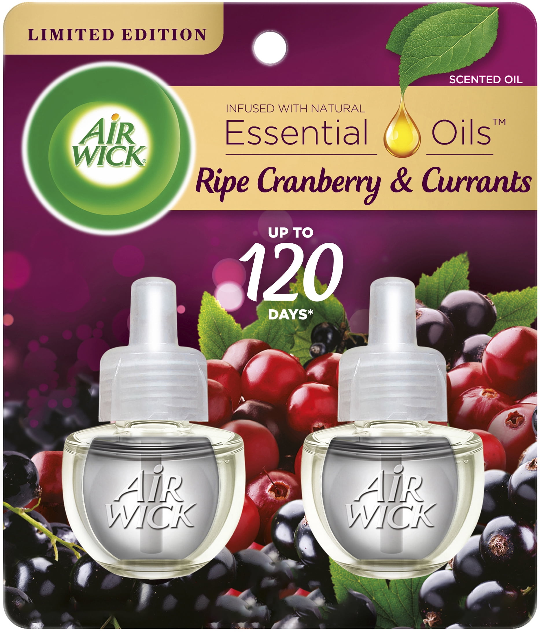 Air Wick Plug in Scented Oil Refill, 2 ct, Ripe Cranberry and Currants, Air Freshener, Essential Oils, Fall Scent, Fall decor