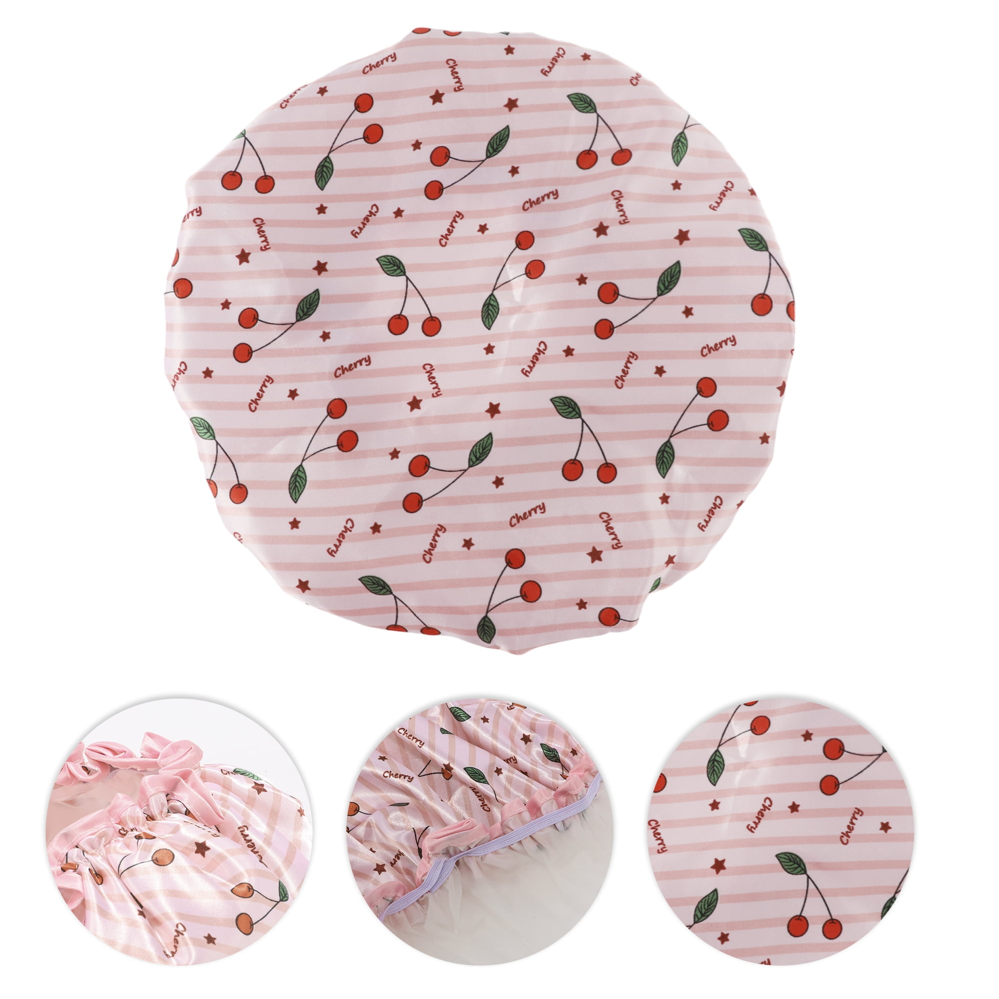 Unique Bargains Women Double Layer Small Cherry Shower Cap for Bathroom Pink