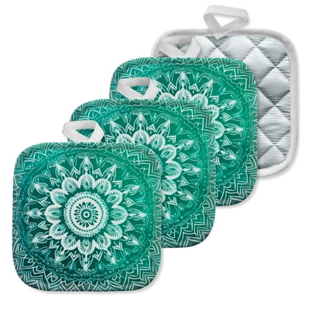 

4 Pack Pot Holders Kitchen Essential Potholder Set White Mandala Pattern On A Teal Green Background