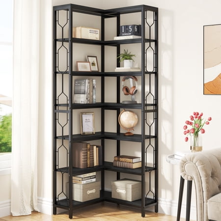 Tribesigns 7-Tier Corner Shelf Industrial Display Bookshelf Freestanding Wood and Metal Corner Etagere Bookcase for Living Room Kitchen Home Office