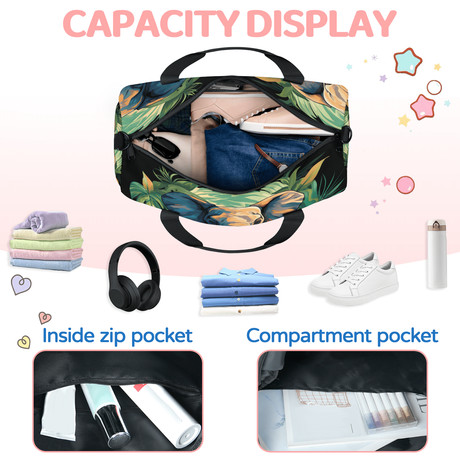 Herdesigns Jungle Elephant Gym Bag for Women, Duffle Bag for Travel Sport, Lightweight Waterproof Carry on Weekender Overnight Dance Yoga Workout Bags