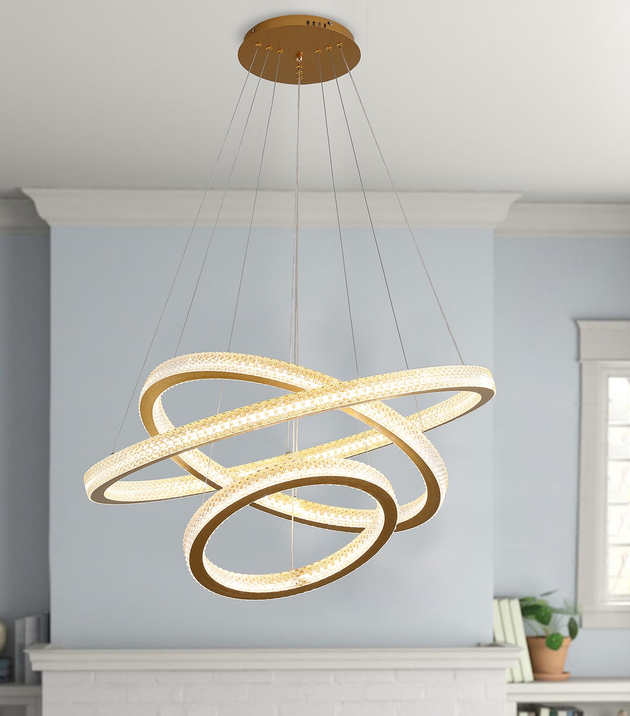 Aiwen Gold Finished 3 Tiered Crystal Rings Linear Chandelier Stylish Pendant Light