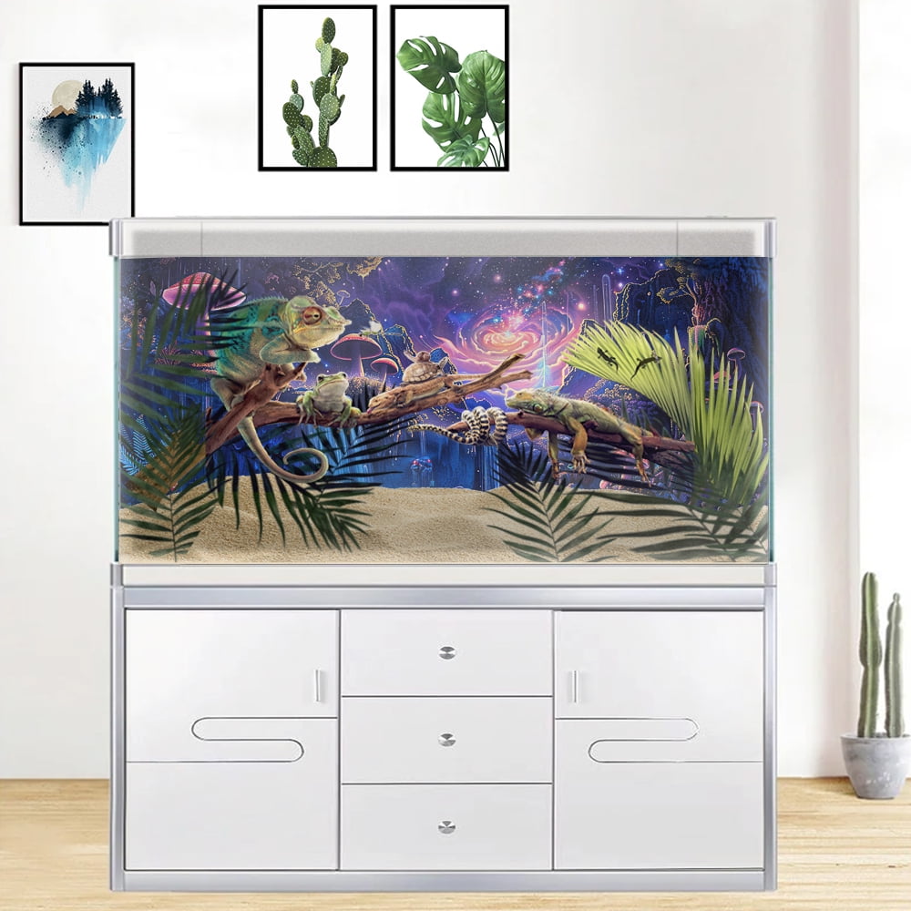 Galaxy Space Planet Aquarium Background, Waterfall Landscape Tapestry Fantasy Mountain Wave Wall Tapestry Mysterious Neon Plants Fish Tank