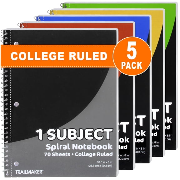 Trailmaker 5 Pack Notebooks, One Subject Notebooks College Ruled, 140 Pages (70 Sheets), Spiral Bulk Notebooks for Kids, School Supplies, Journaling, Note Taking, Students, and Work