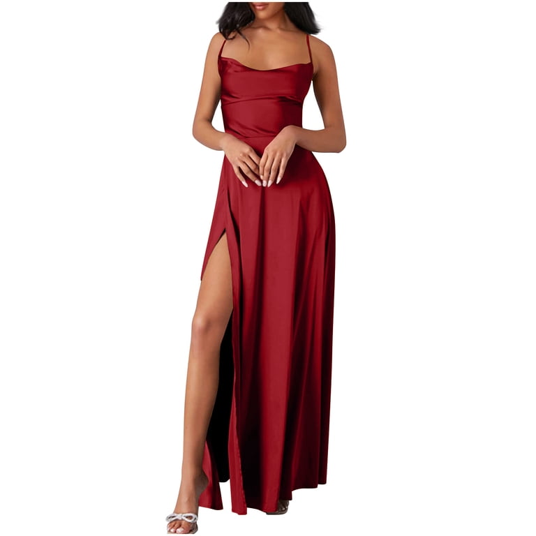 TMOYZQ Women's Satin Prom Dress with Slit Long Spaghetti Strap Cowl Neck  Formal Evening Cocktails Party Gowns Wedding Guest Dresses for Women -  Walmart.com