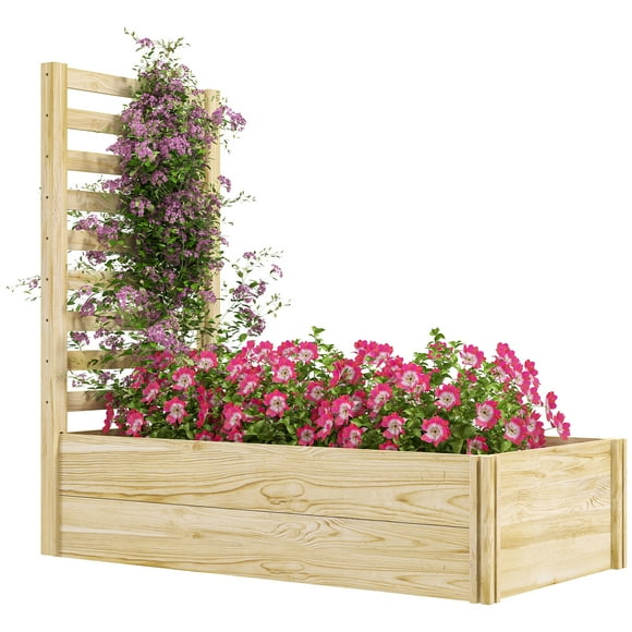 Outsunny 43" Raised Garden Bed Wooden, Planters Box with Trellis, Natural