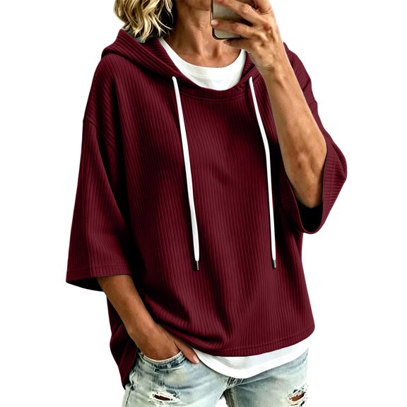 VSSSJ Women's 3/4 Sleeve Hooded Sweatshirt Loose Fit Batwing Sleeve Ribbed Textured Lightweight Fall Casual Pullover Shirt Tops L