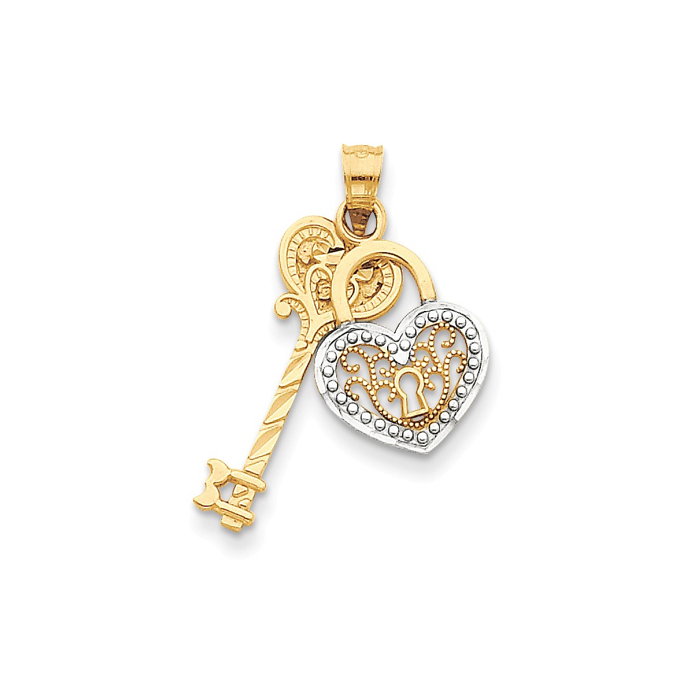 14k Yellow with White Rhodium Two-tone Gold Heart Key Pendant