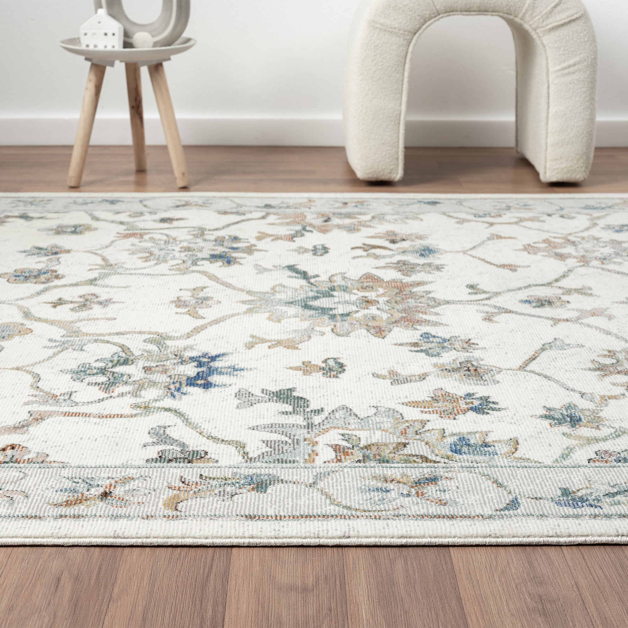 LR Home Ada 2'3" x 8'9" Ivory Bordered Floral Durable Indoor Area Rug