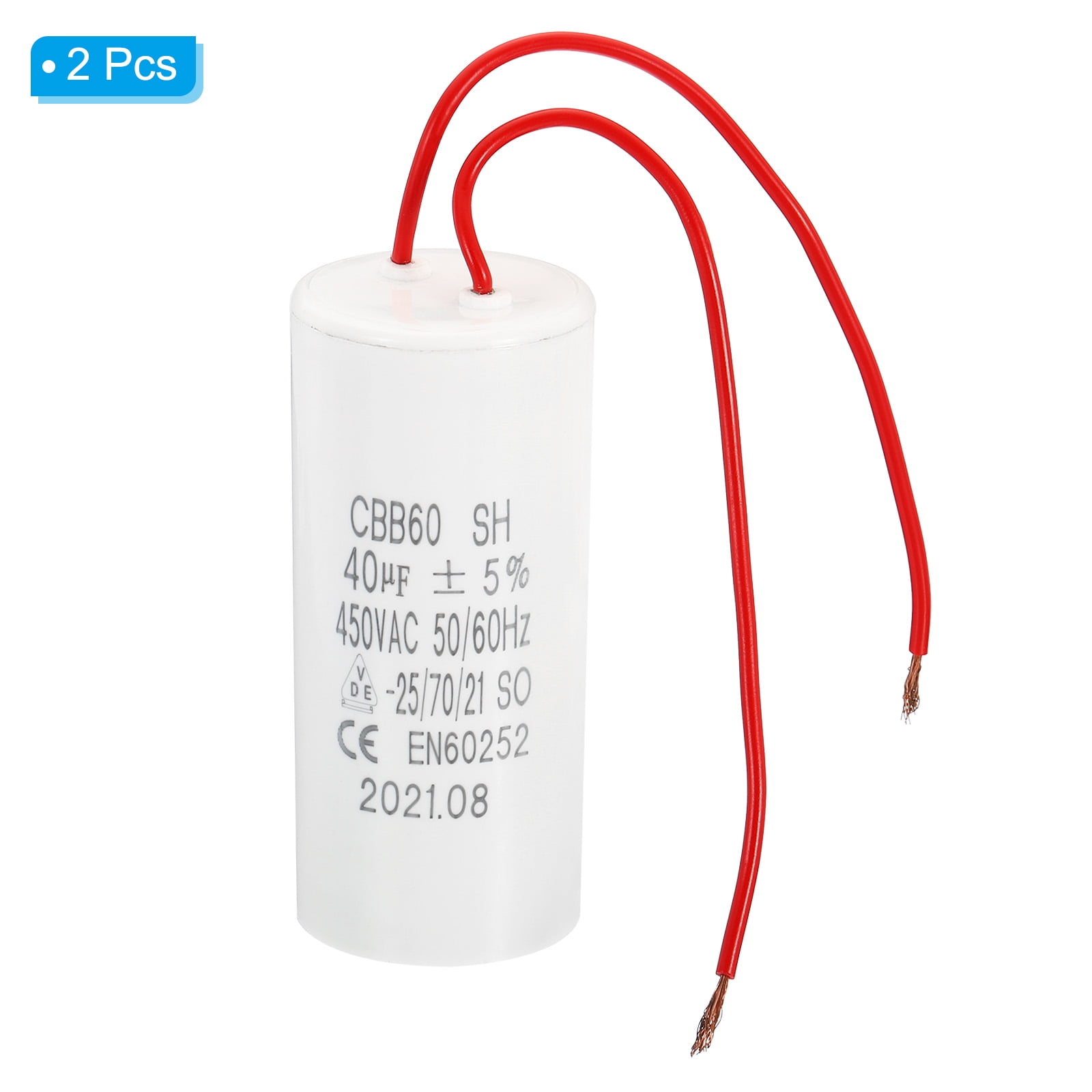 Uxcell CBB60 40uF Run Capacitor,2Pcs AC450V 50/60Hz with 2 Wires 16cm for Water Pump
