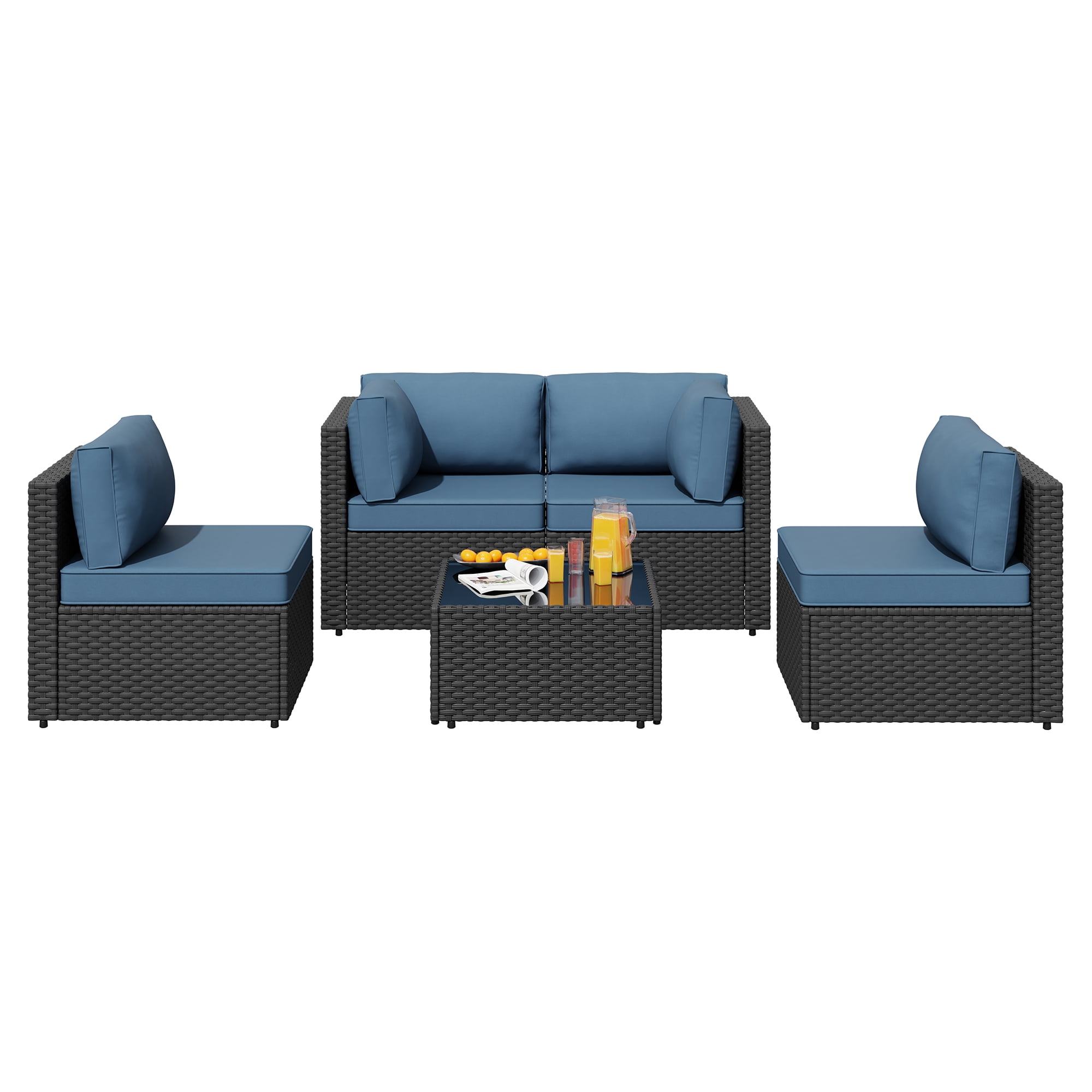 Walsunny 5 Pieces Outdoor Furniture Patio Sectional Sofa Set, Wicker Rattan Conversation Sets with Cushions and Glass Table, Black Rattan Dark Blue Cushions