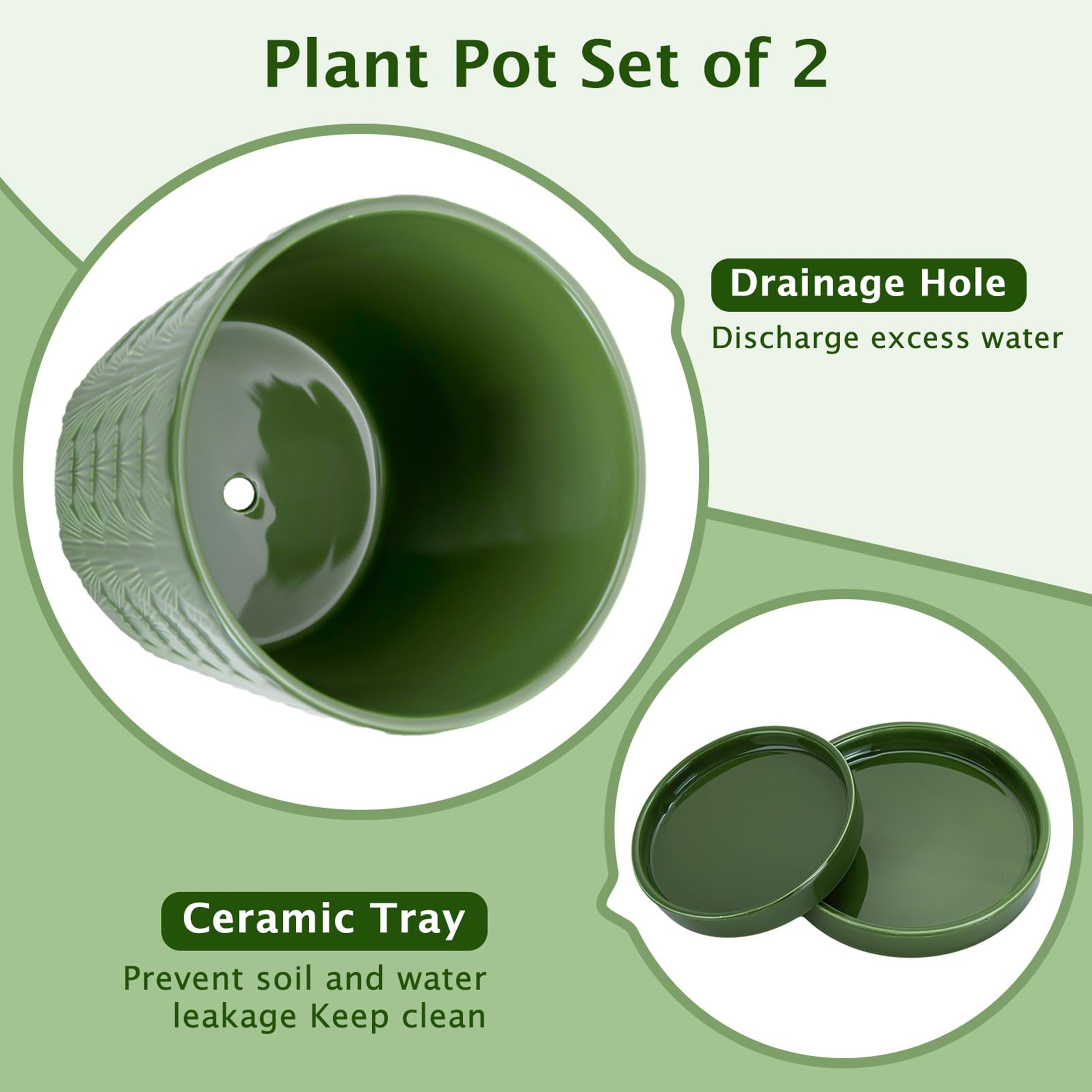 BUYMAX 5 inch Green Ceramic Flower Pots with Scallop Shell Pattern, Set of 4 - Decorative Planters with Drainage Holes & Trays - Perfect for Spring Herbs, Succulents, Windowsill & Balcony
